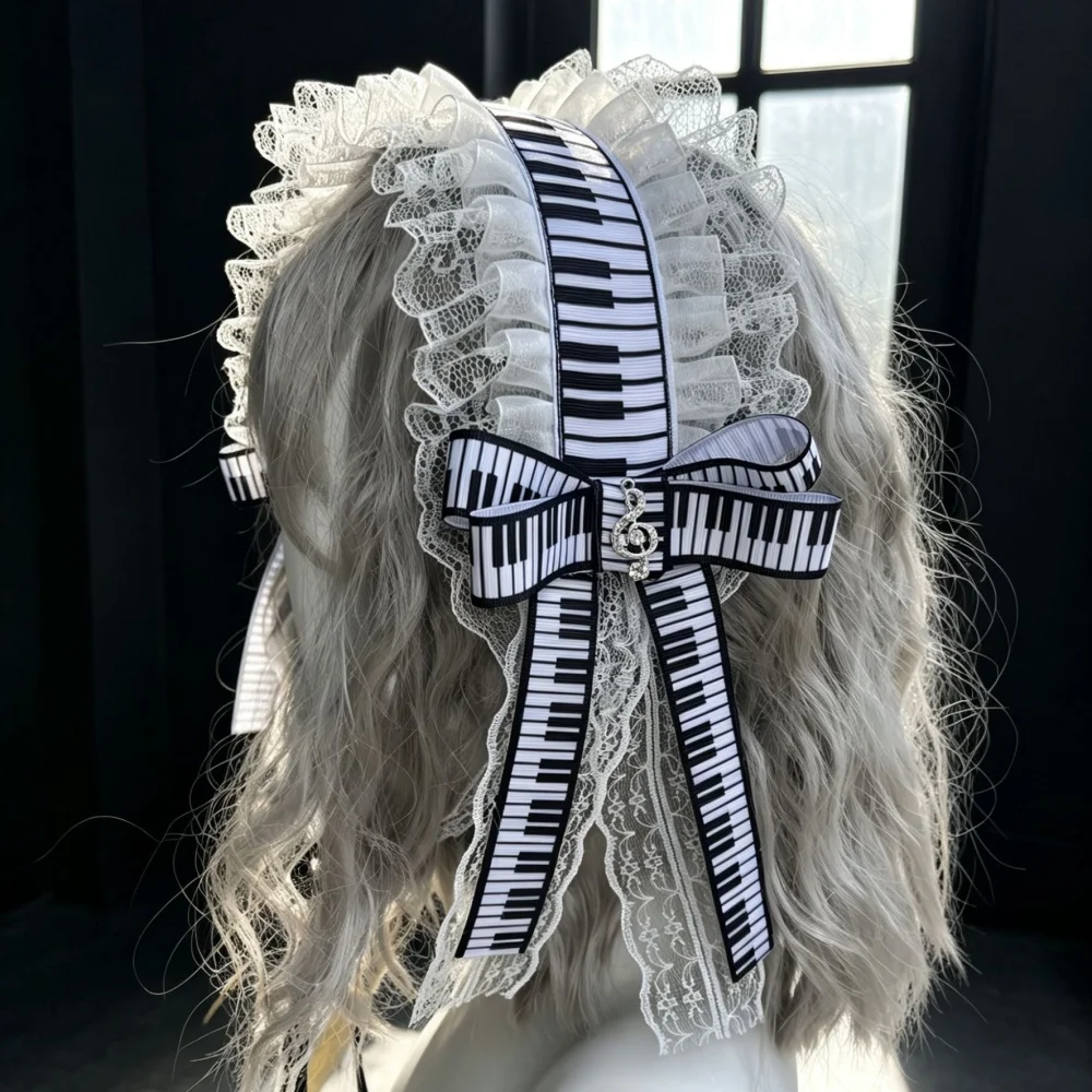Piano Keys Lolita Lace Bow Headband Gothic Headdress Y2K Notes Japanese Soft Girl Lolita Fine Maid Hair Decorative Accessories