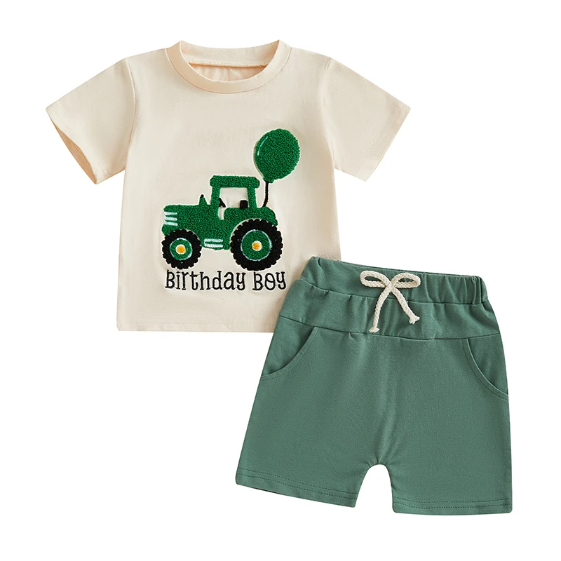 Summer Baby Toddler Boy Outfit Tractor Balloon Letter Embroidery Short Sleeve T-shirts Solid Shorts Farm Clothes Baby's Sets