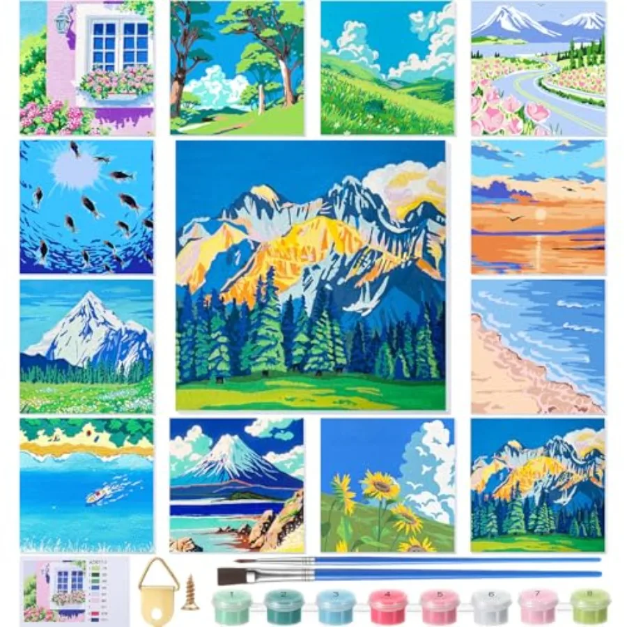 

【Spot goods】12 Sets Paint by Numbers Kit with Frame for Adult Beginners Paint by Number DIY Acrylic Painting Canvas for Paintin