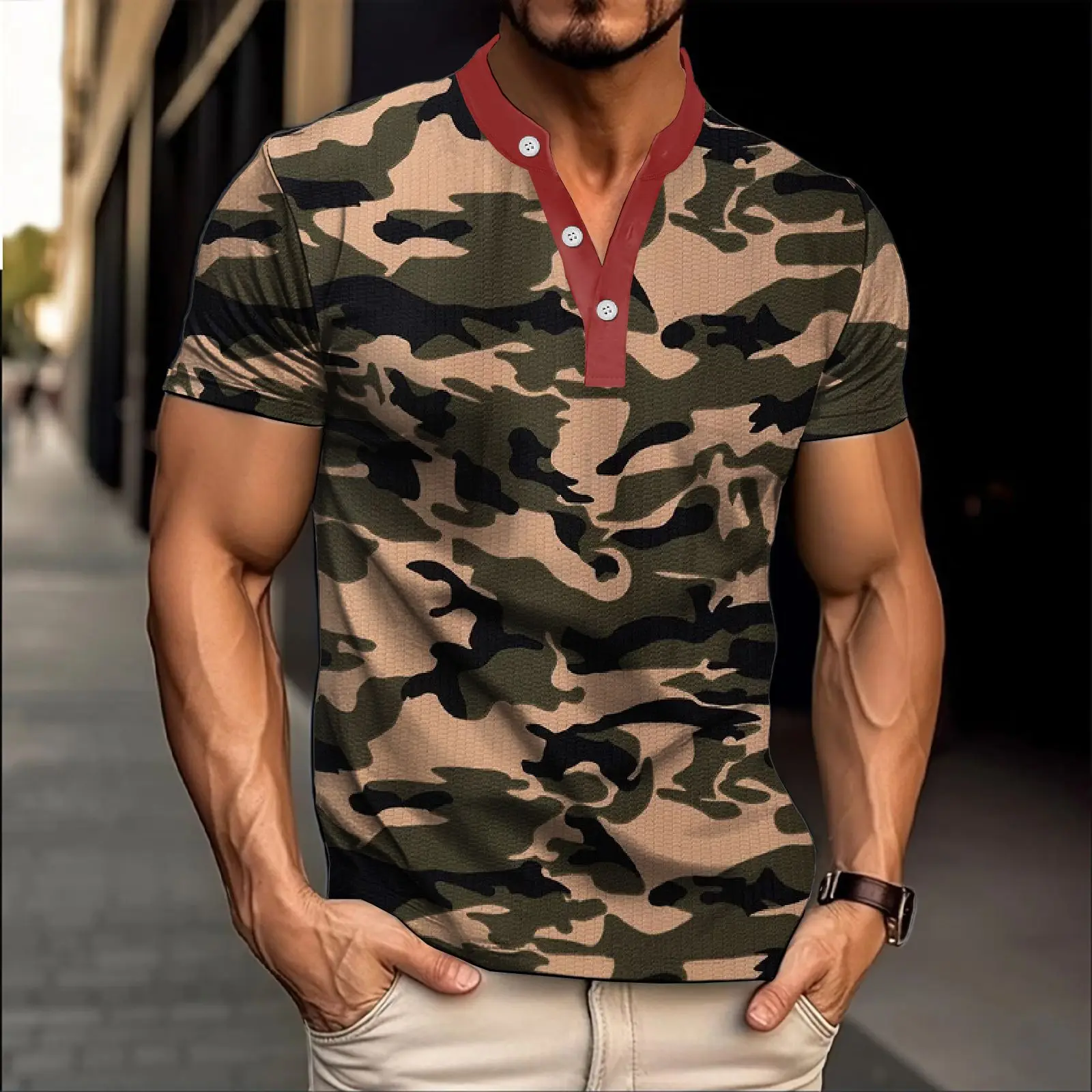

Retro Men's Tactic Camouflage Henley T Shirt 3D Printed Men's Fashion Button-Down Short Sleeve T Shirt Male Tees Breathable Tops