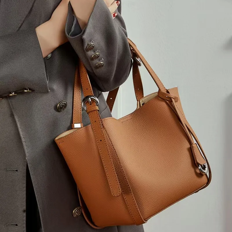 

New Niche Design Transformable Basket Shopper Tote Grey Togo Cowhide Leather Women Shoulder Bag Leisure Handbag