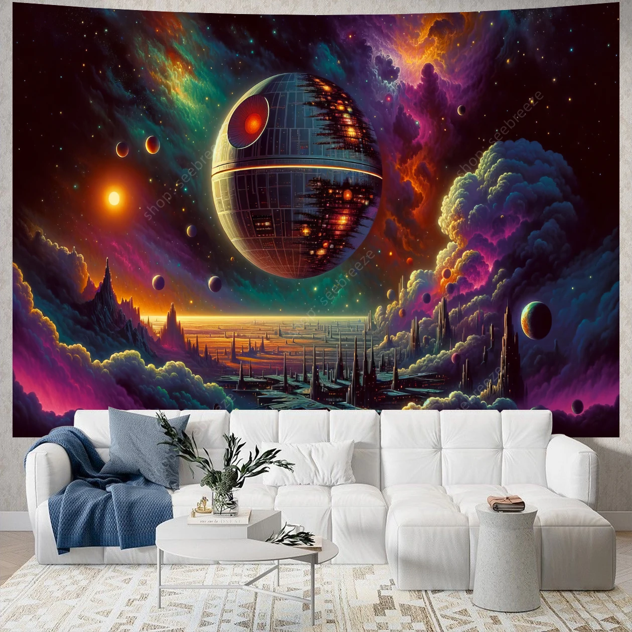 Psychedelic Space Death Star UV Reactive Tapestry Wall Hanging for Aesthetic Room Decor Ceiling Decor Blanket Gift for Friend