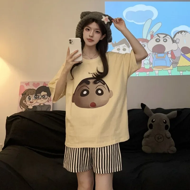 Anime novo crayon shin chan casal pijamas de algodão manga curta calças compridas bonito dos desenhos animados roupas para casa conjunto de três peças presente de aniversário