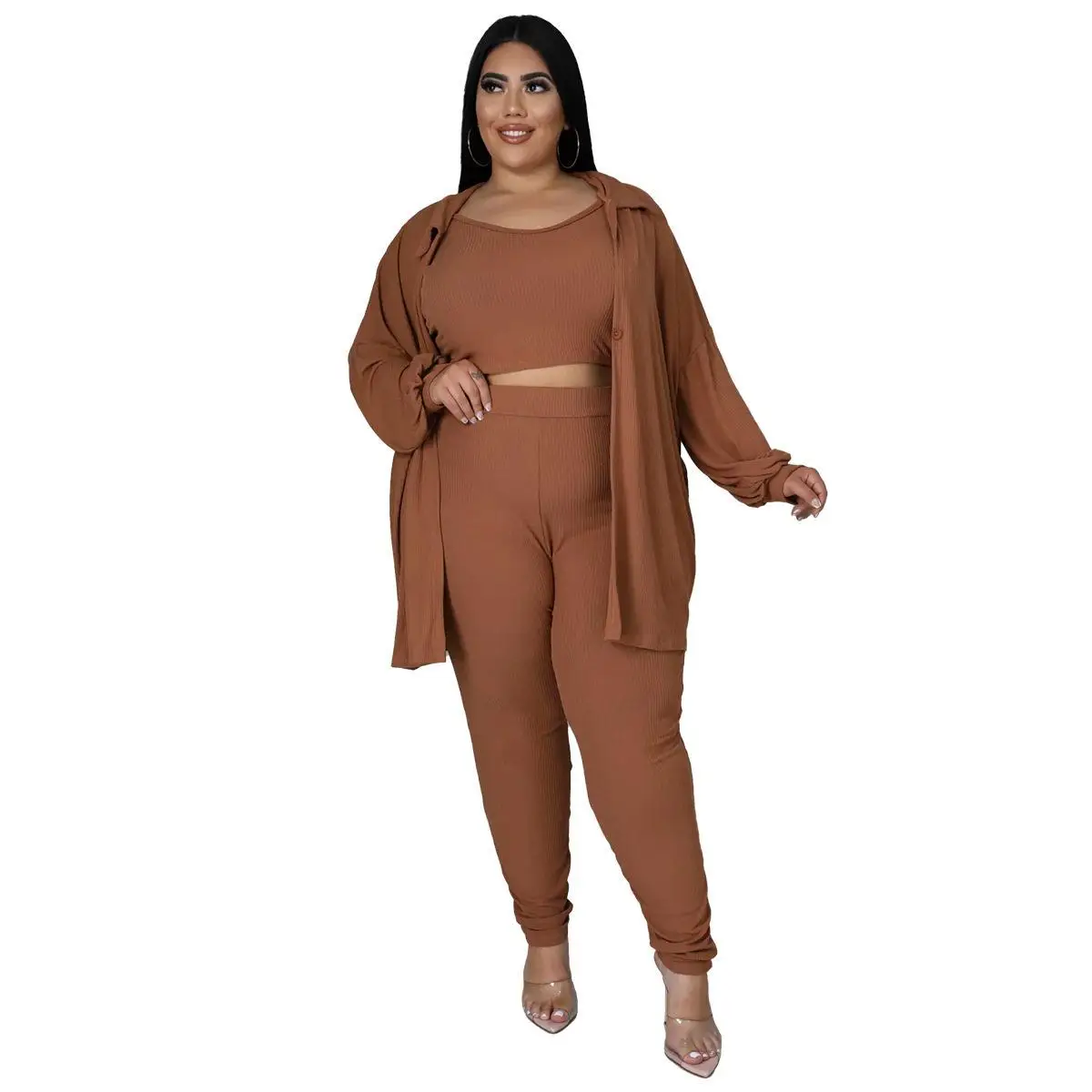 

plus Size Casual Pure Color Three Piece Set Sexy Striped Women's Fashion Wear Long Sleeve Long Pants Autumn Winter Collection