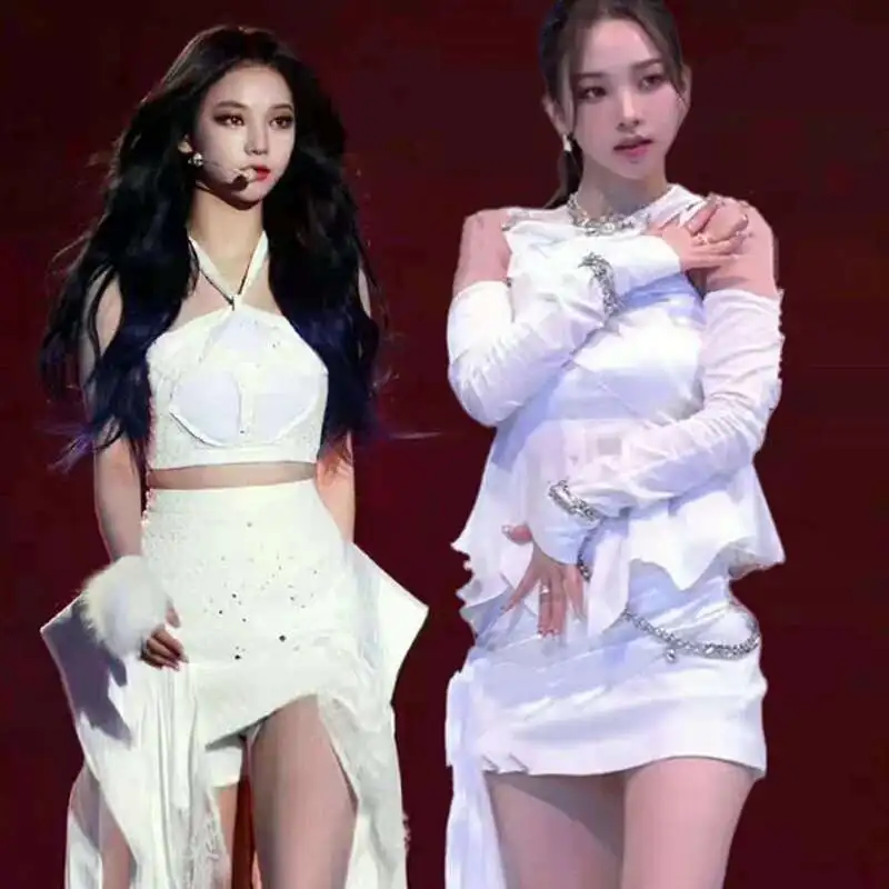 Kpop grupo de chicas coreanas mujeres Ropa de baile de Jazz otoño ropa de calle Top corto con tirantes blancos faldas de baile sexis traje de escenario