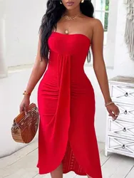 Women Sexy Backless Strapless Solid Mido Dress New Summer Bandeau Ruched Off Shoulder Hook Flower Hollow  Slit Casual Dresses