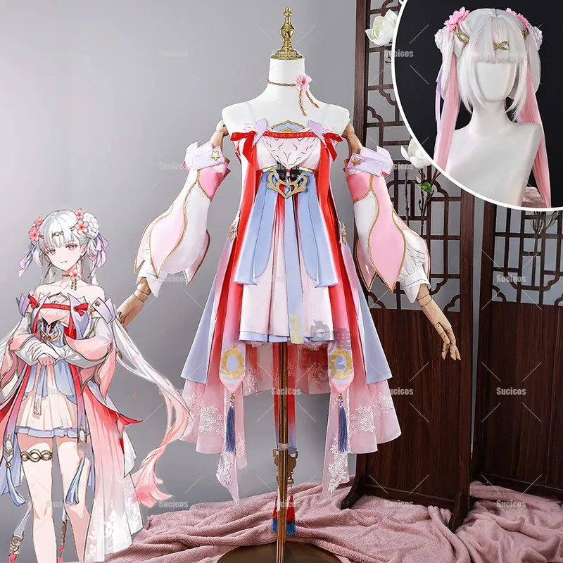 Jogo wuthering ondas jinhsi flor de pêssego cosplay traje peruca novo vestido de pele jinzhou magistrate jue feminino meninas halloween cos