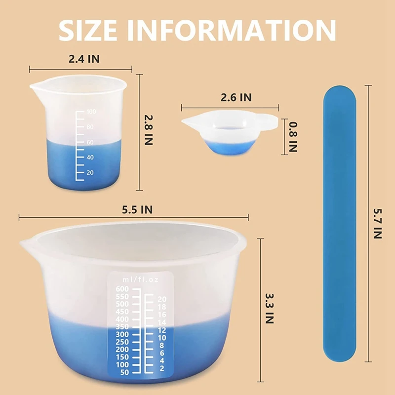 에폭시 수지 실리콘 컵용 실리콘 측정 컵, 600 & 100Ml 실리콘 컵이 있는 실리콘 교반 스틱, 혼합 도구