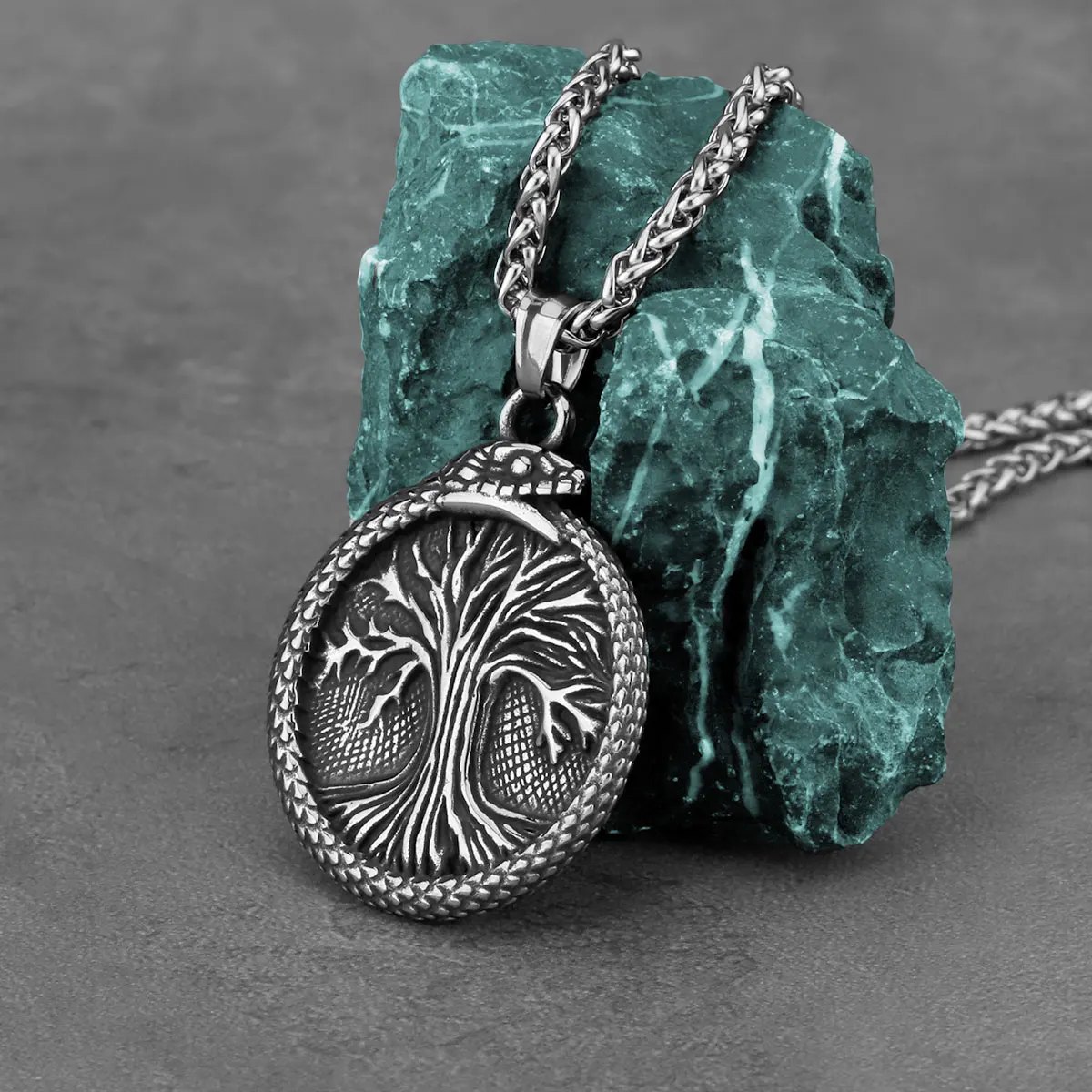 Nordic Viking Ouroboros Tree of Life Necklace Men's Stainless Steel Vintage Amulet Pendant Necklace Scandinavian Jewelry Gift