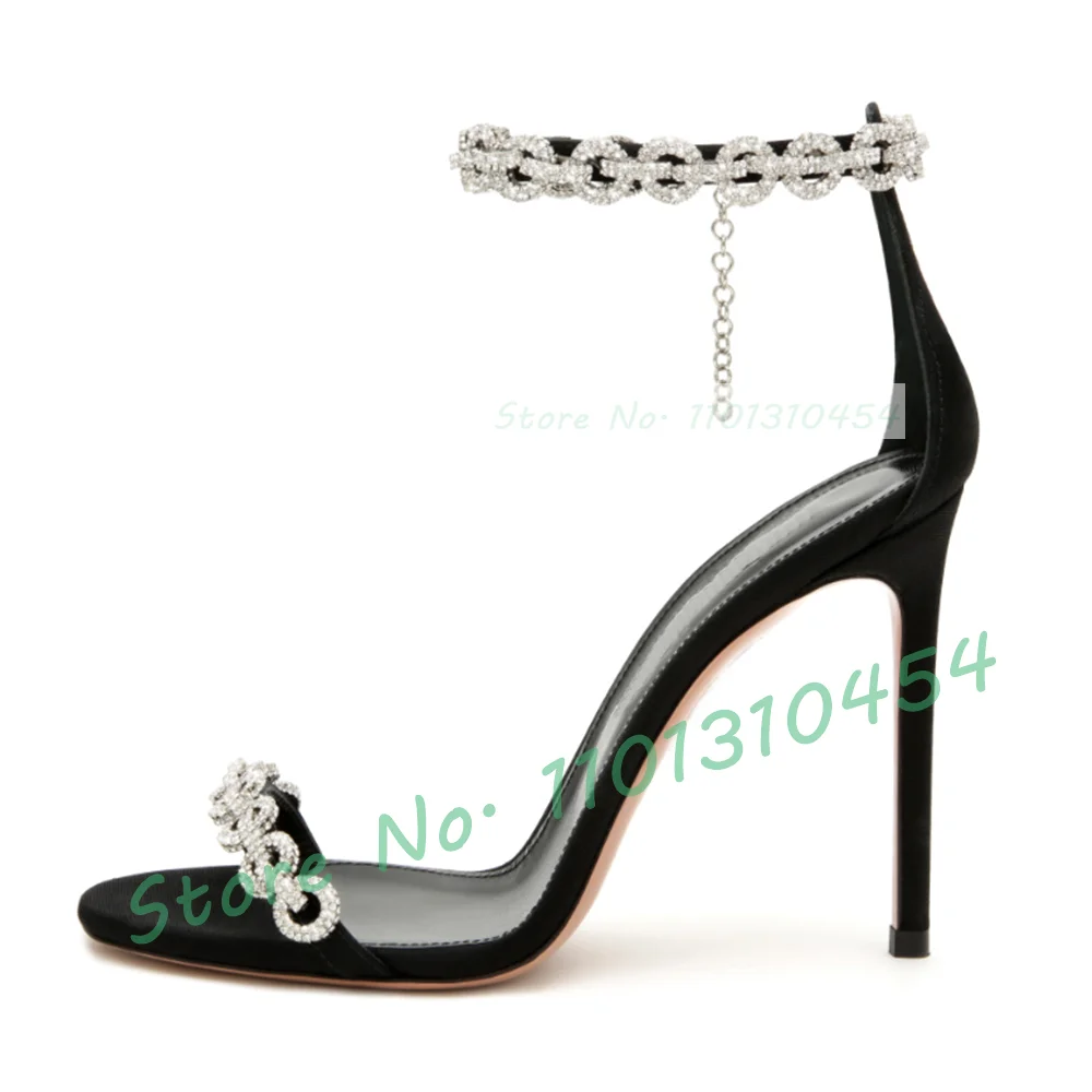 Crystal Chain-link Blue Sandals Women Luxury Lustrous Satin High Heels Shoes Summer Ladies Diamond Strap Open Toe Elegant Shoes