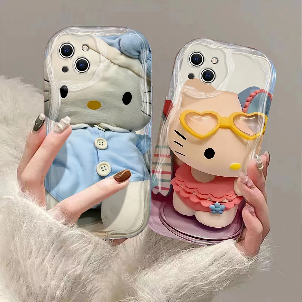 Cute anime Hawaiian Hello Kitty 3D Wave Case For iPhone 15 14 13 12 11 Pro Max Mini X XR XSMAX 8 7 6S Plus Soft Silicone Cover