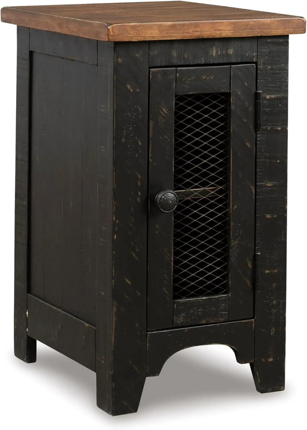 Rustic Farmhouse Side Table with Cabinet Door, Distressed Black Finish for Home Decor
