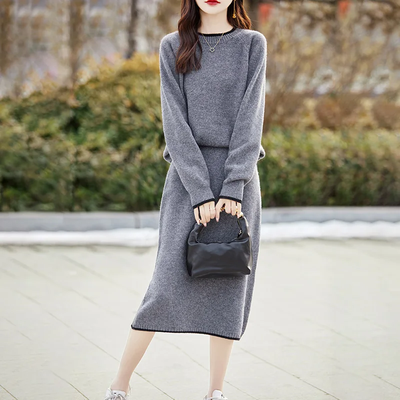 Spring and Autumn New Two Piece Skirt Women\'s and Zero Colored Pullover Slim Fit Fashion Half Skirt 100% Pure Wool Knitted Skirt