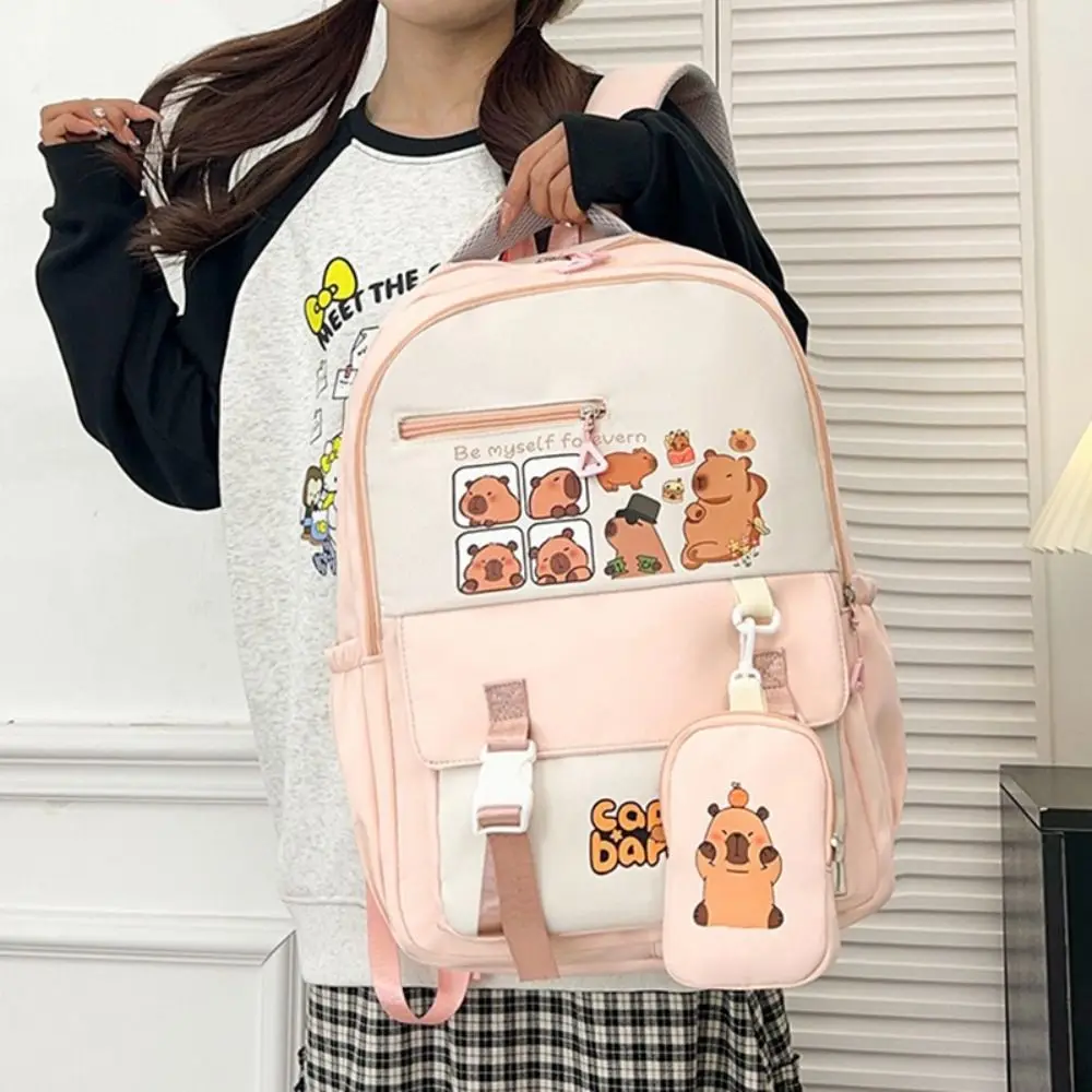 Mochila escolar de nylon de desenho animado capivara, mochila de grande capacidade à prova d'água para aliviar a carga, estudantes