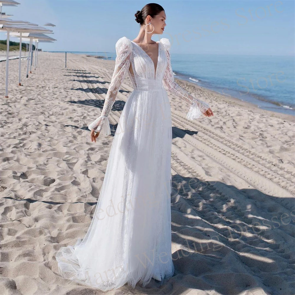 Boho Modest Popular A Line Women's Wedding Dresses Modern Lace Long Sleeve Bride Gowns Charming Deep V-Neck فساتين حفلات الزفاف