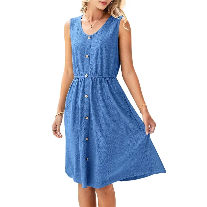 CYL-Damen ärmelloses Sommerkleid, Sommer, lässig, Öse, Knopfleiste, kurzes Kleid, fließendes Strand-Tank-Minikleid mit Tasche