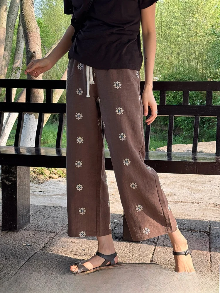 

High-End Cotton Linen Pants for Women Casual Straight Leg Pants Spring Summer Micro Flared Plant Floral Embroidery l Waist