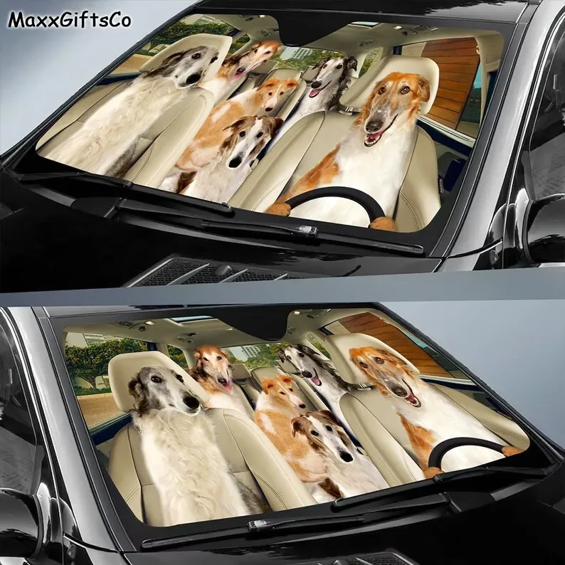 Borzoi Auto Zonnescherm, Borzoi Voorruit, Honden Familie Zonnescherm, Honden Auto-Accessoires, Auto Decoratie, Cadeau Voor Papa, Mama