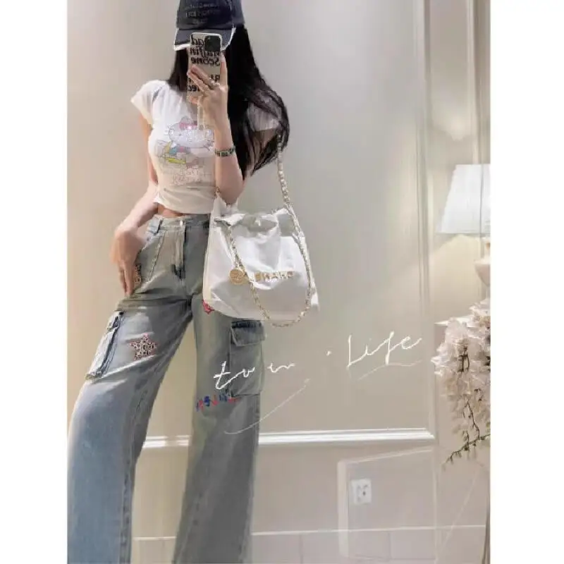 Sanrio novo bonito jeans olá kitty jeans estilo americano retro graffiti solto olhar mais fino estudante calças retas menina