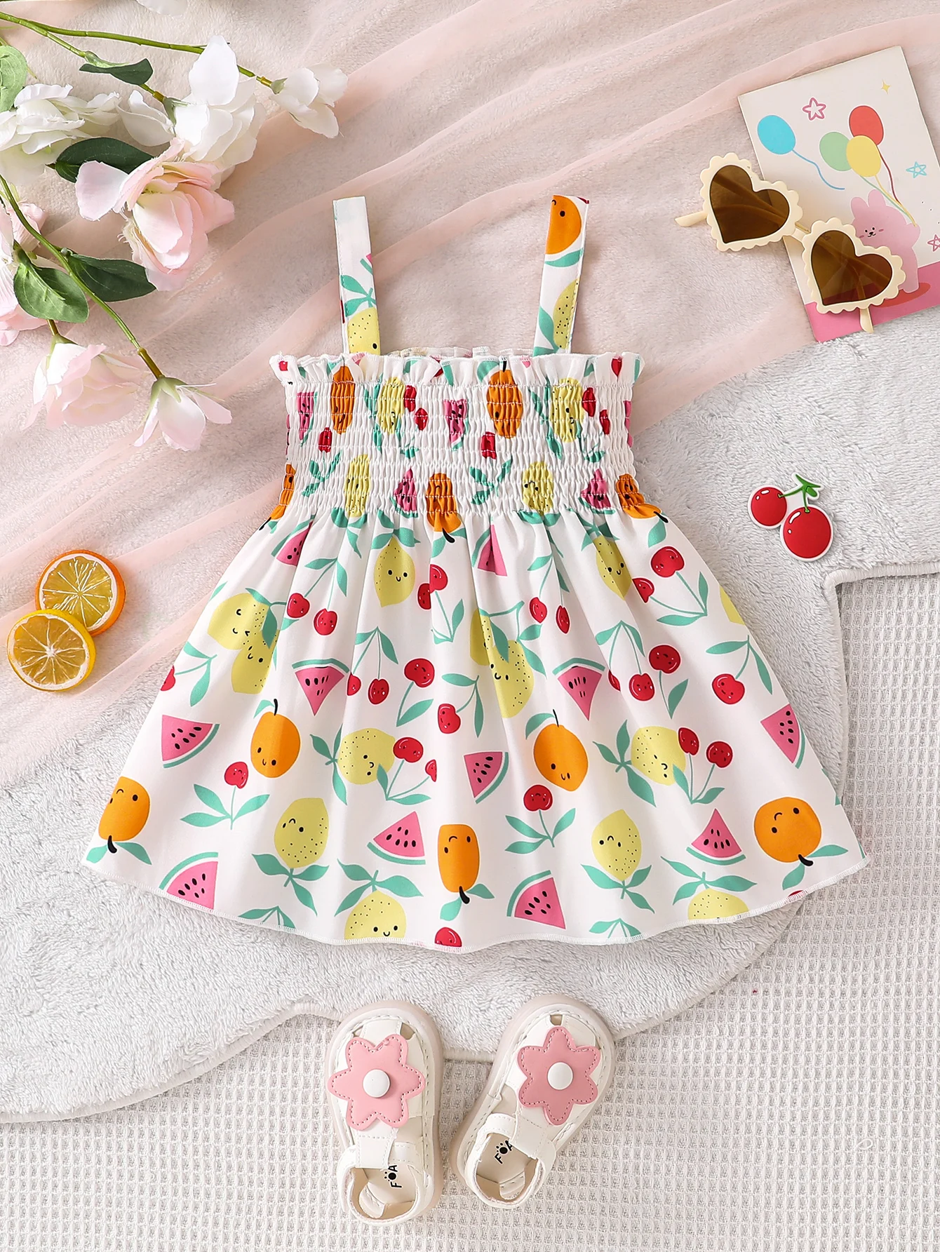 

1-Piece Summer Thin Dress for Baby Girls, Children's Square-Neck Fruit Print Elastic Waist Sleeveless Dress, Cute and Ladylike Style Vest A-Line Skirt Versatile Set for Baby Girls, Newborn First Birthday Gift, Comfortable and Soft Princess Dress, Youthful