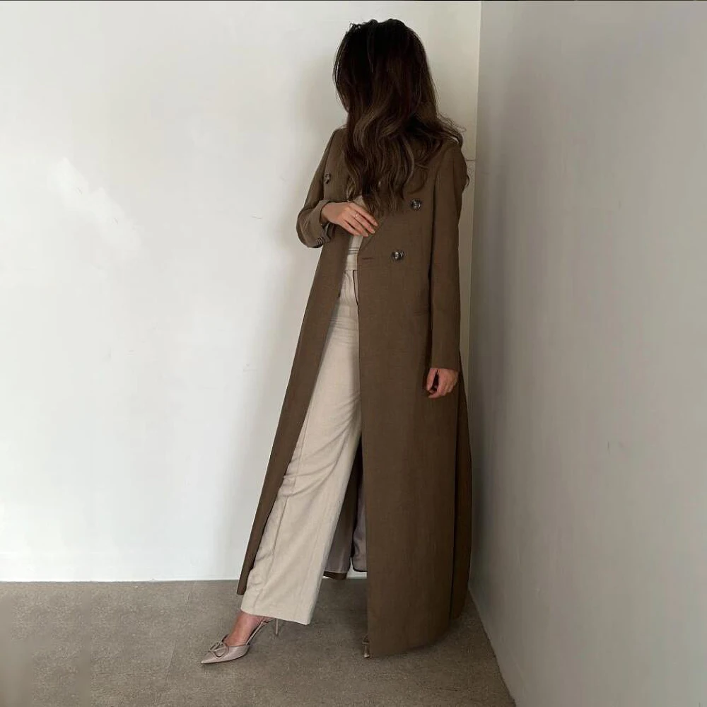 Brown Peak Lapel Double Breasted Women Jacket One Piece Summer Fashion Daily Casual X-Long Coat Office Lady Female Jacket