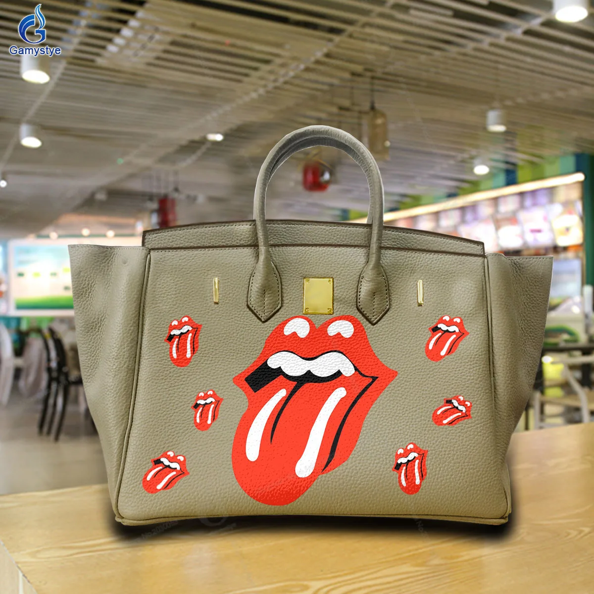 

Printed Customize Art Red lips and tongue Bags 100% Genuine Leather For women Handbags Designer Shoulder Bag Gold Lock Hardware