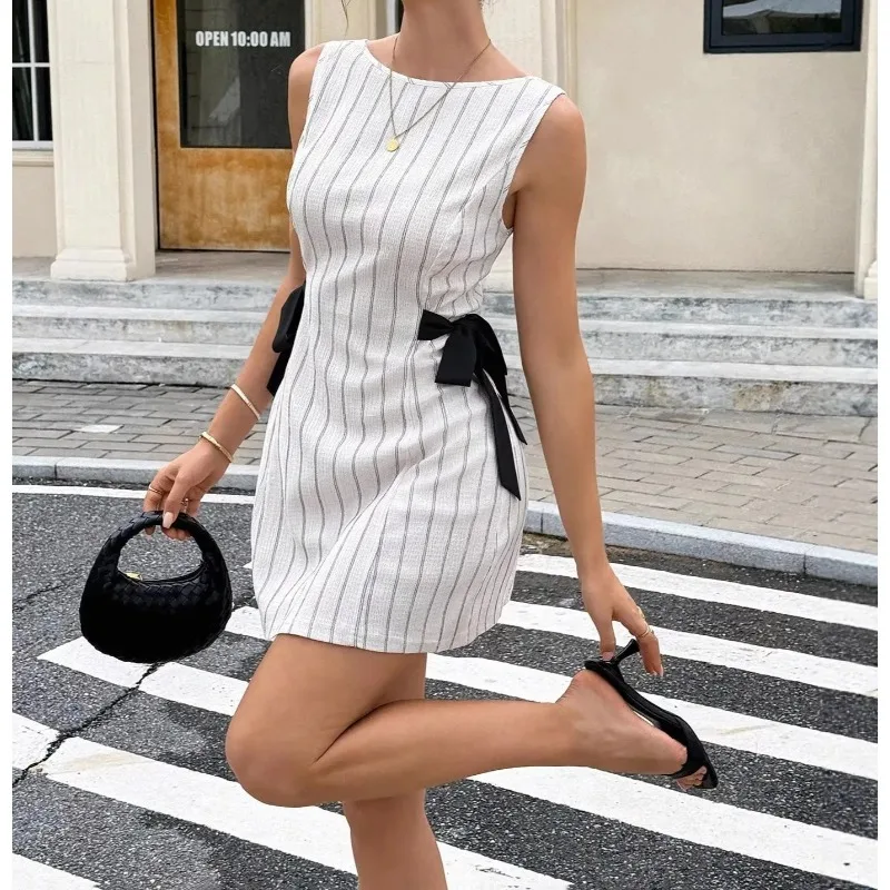 

Fashion Stripes Dress Summer High Waist Sleeveless Backless Lace-up Dress Sexy Party Luxury Women Dresses Y2k Streetwear Vestido