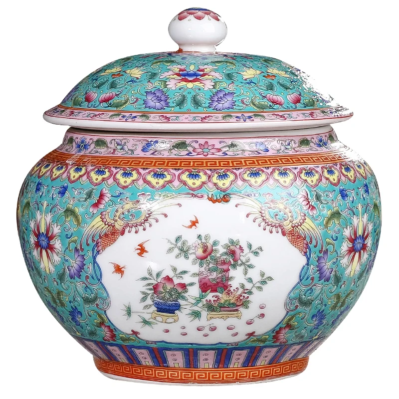 

Jingdezhen antique enamel tea pot ceramic trumpet storage tank with lid household scattered