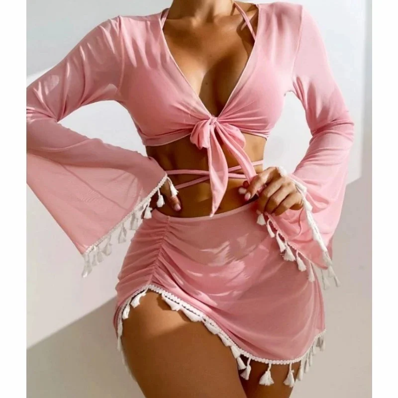 Zomer Mode Effen Kleur Omzoomd Cover-Up Bikini 4 Delige Set Vrouwen Afslanken Hoge Taille Mesh Rok Zon bescherming Strand Outfit