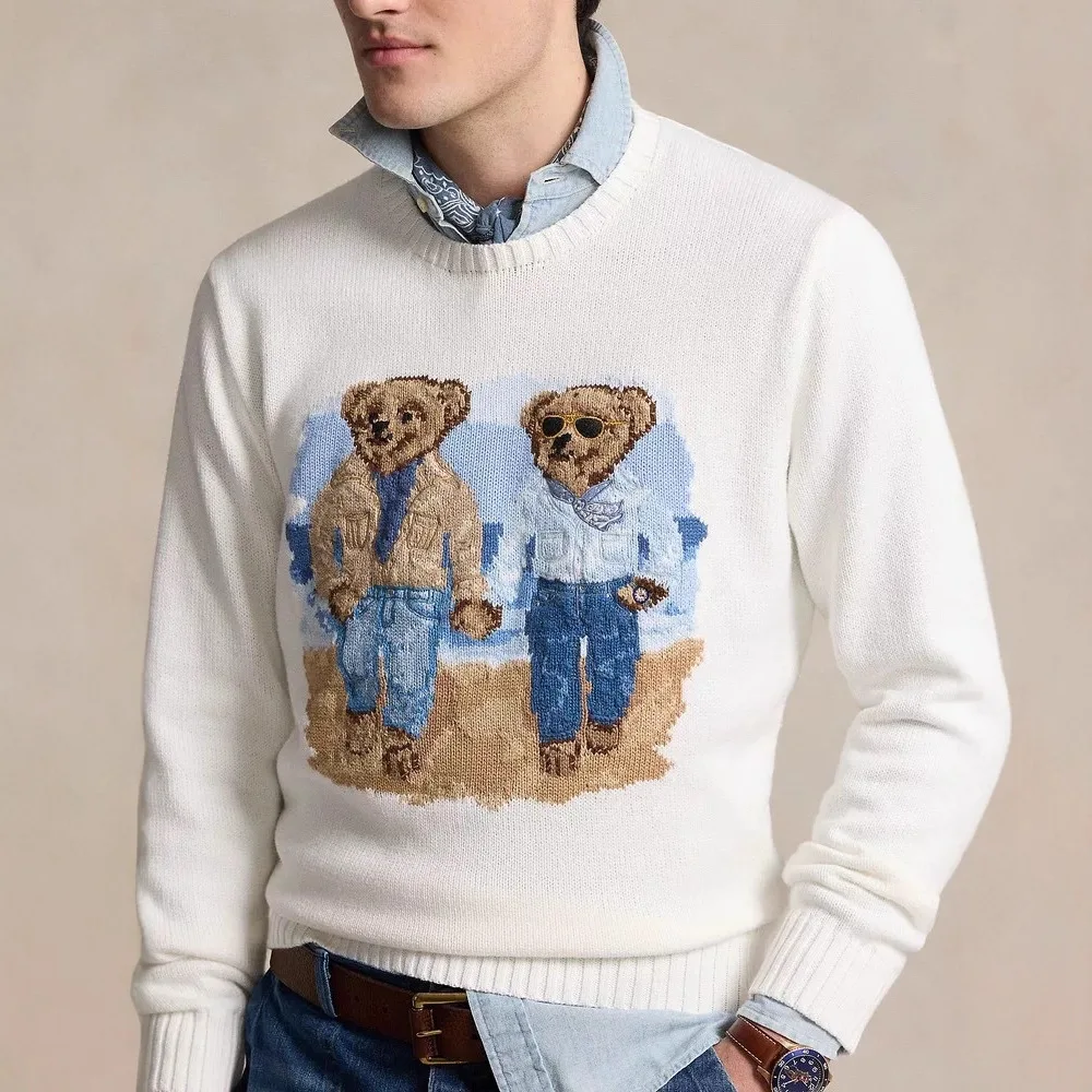 

New round Ne Knitted Sweater Heavy Cartoon Embroidery Bear Cotton Pure Briti Sle Autumn Winter Top Versatile Men's Faion