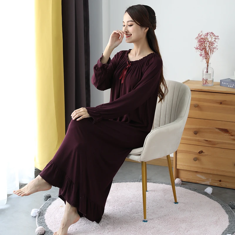 Spring Modal Nightgown Women O-Neck Soft Long Sleeve Nightdress Breathable Princess Sleepdress Home Clothes Sleepwear Plus Size