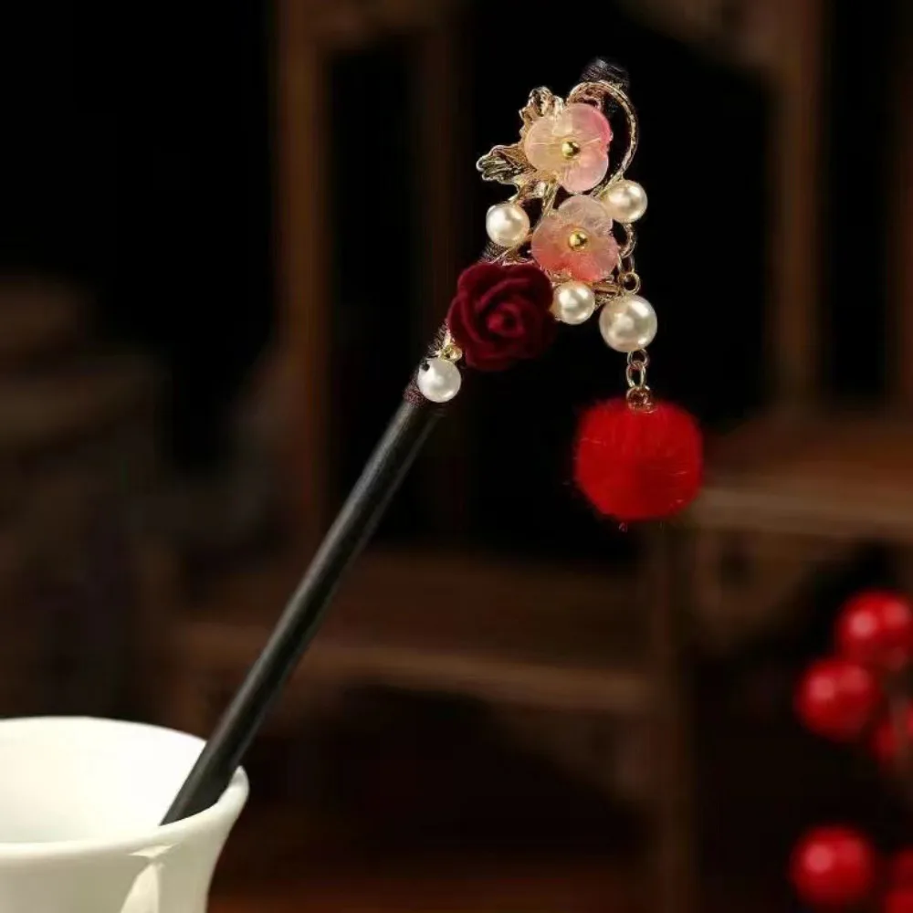 

Wooden New Chinese Hair Stick Flower Vintage Flower Hairpin with Tassel Handmade Hanfu Hair Bun For Women Girls