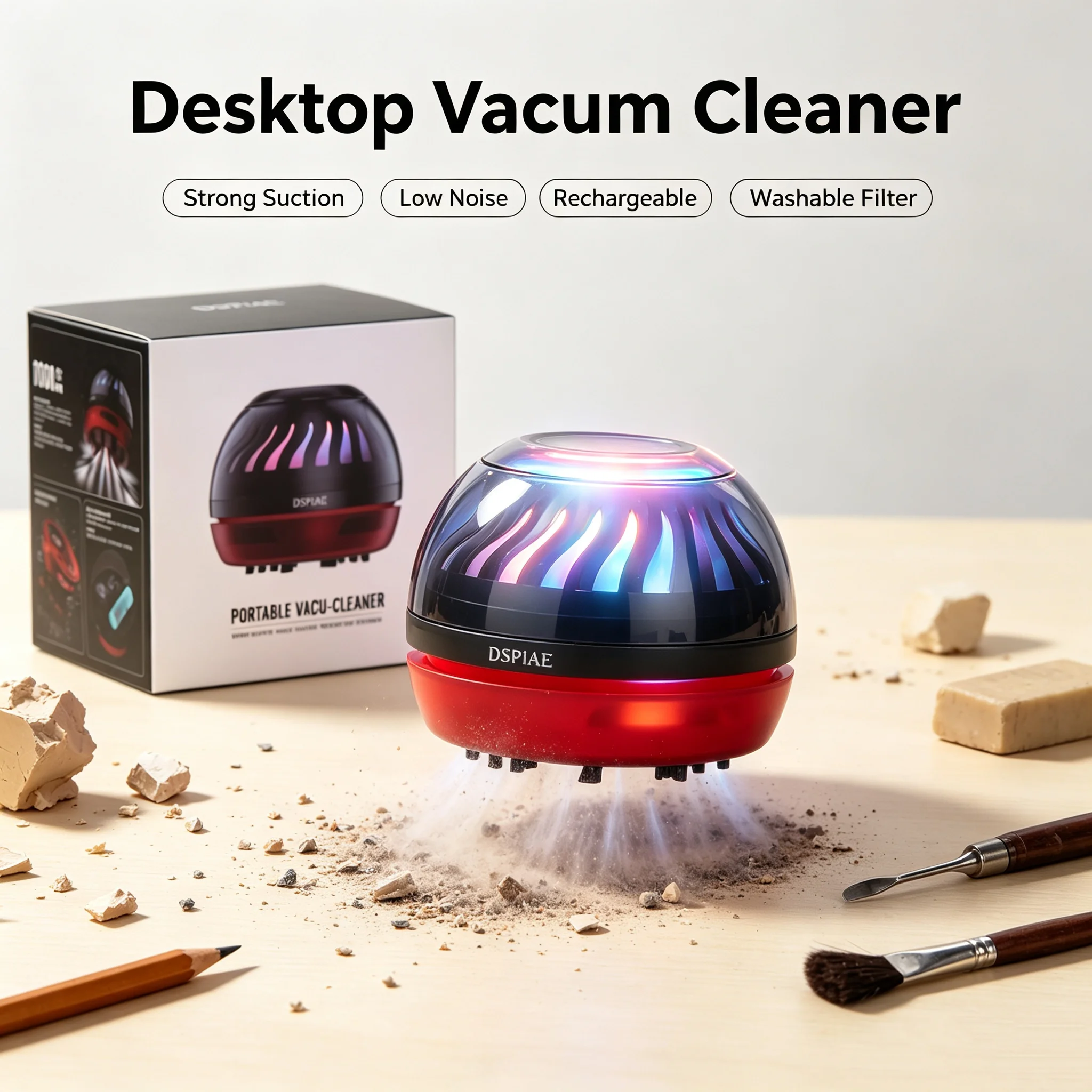 DSPIAE HC‑W Portable Desktop Vacuum Cleaner High‑Power Low‑Noise Desktop Debris Cleaner Rechargeable Washable Filter RGB Light