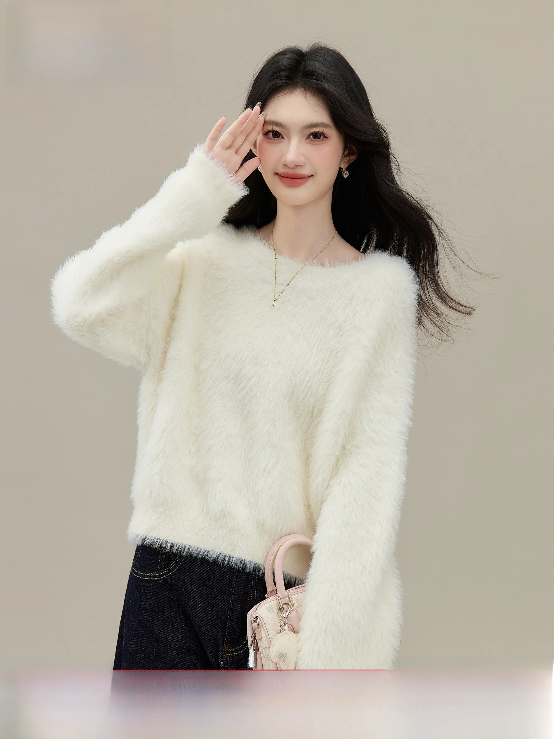 

Soft Cozy round Ne Camere Sweater Women's Autumn Winter New Sle Mink Velvet Knitted irt Casual Loose Fit Warmth