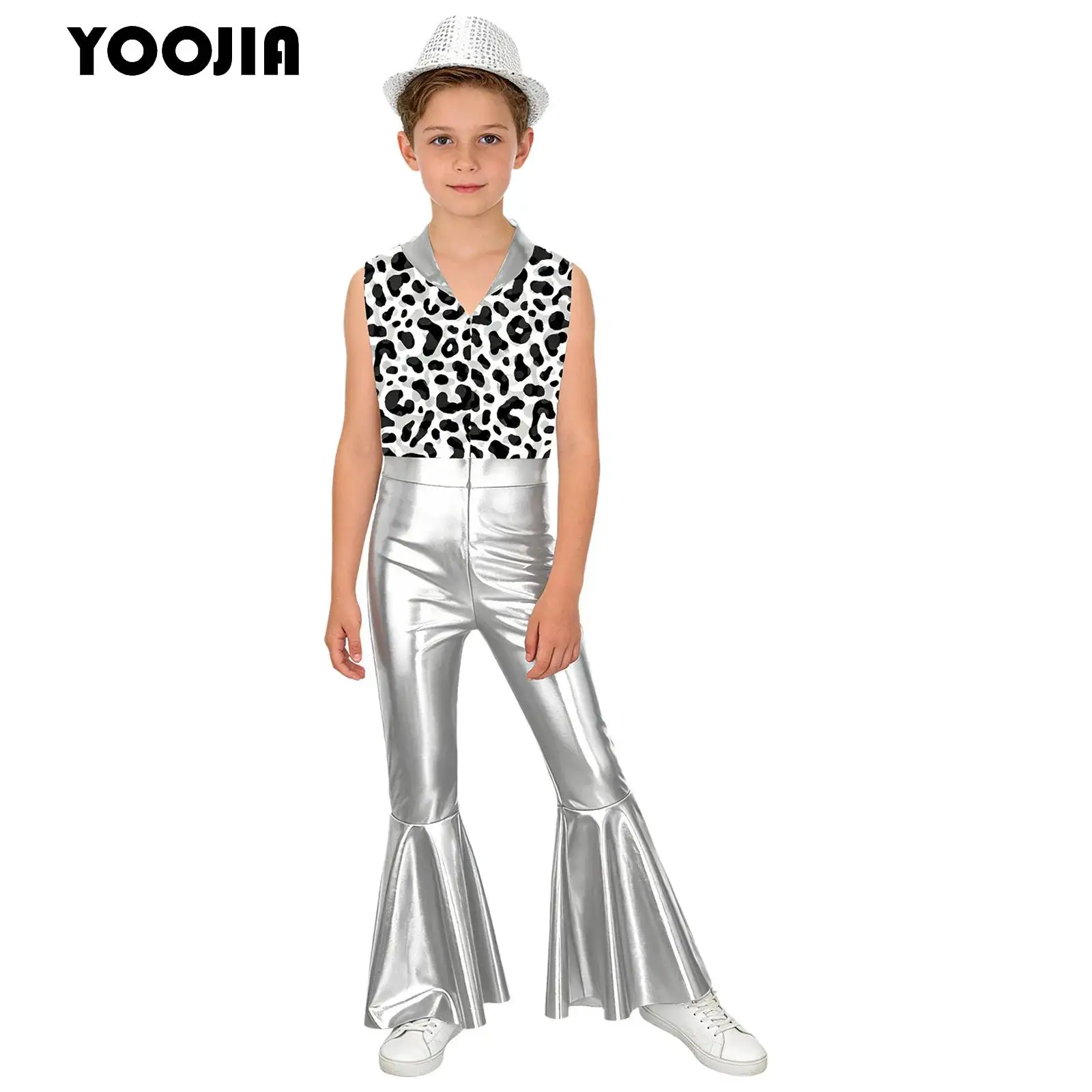 Boys Metallic Shiny Zipper Bell-bottom Jumpsuit Vintage 70s Disco Hippie Costume Halloween Singer Rock Jazz Rompers +Fedora Hat