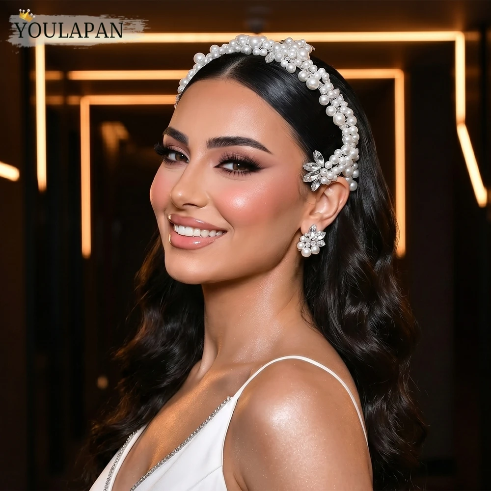 

YouLaPan Luxury Pearl Bridal Headband Handmade Floral Rhinestone Wide Hair Band Wedding Hair Accessories For Bridesmaid HP1024