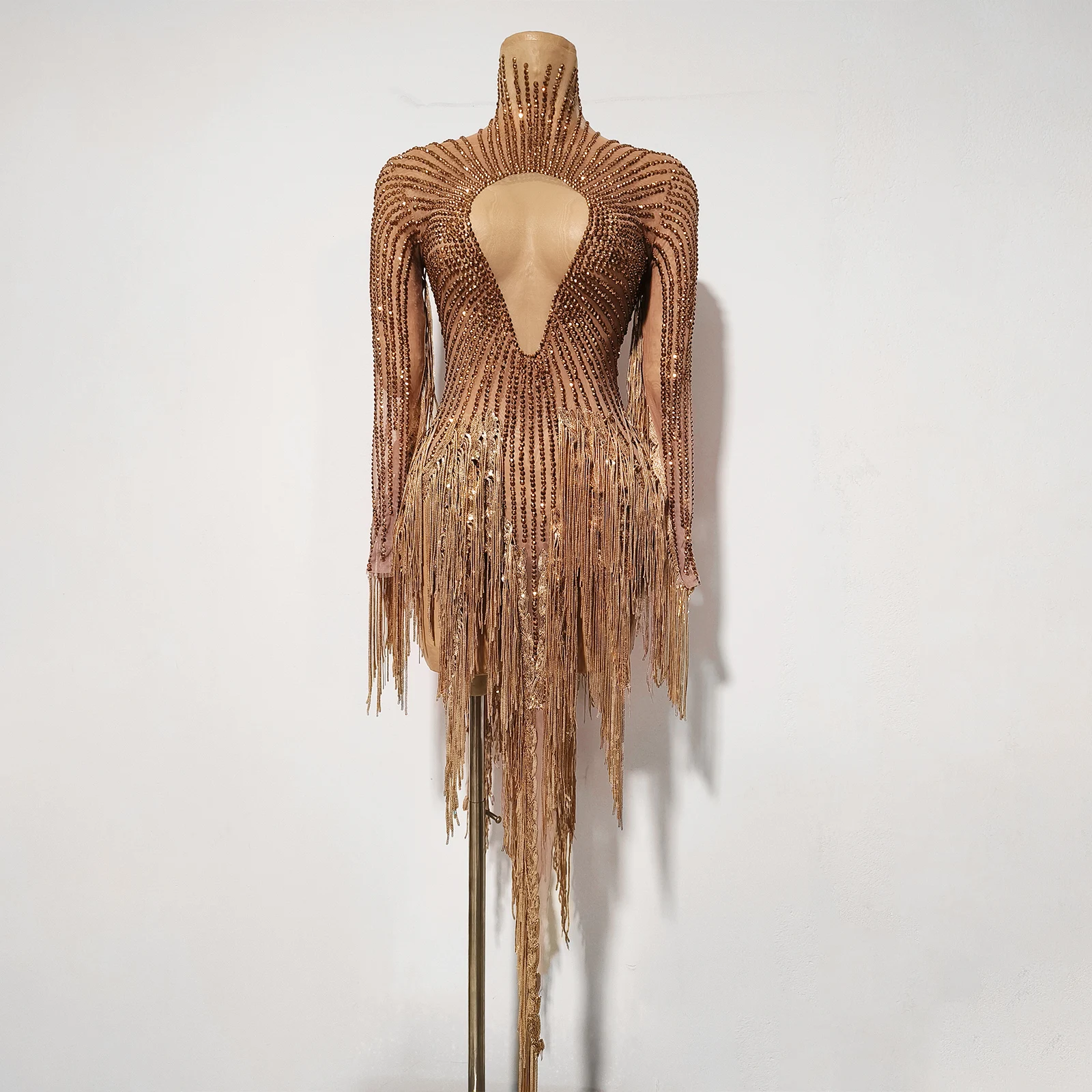 

Shiny Gold Latin Fringe Dance Skirt Luxury Rhinestones Sexy See-Through Dress Prom Banquet Nightclub Party Perform Stage Costume