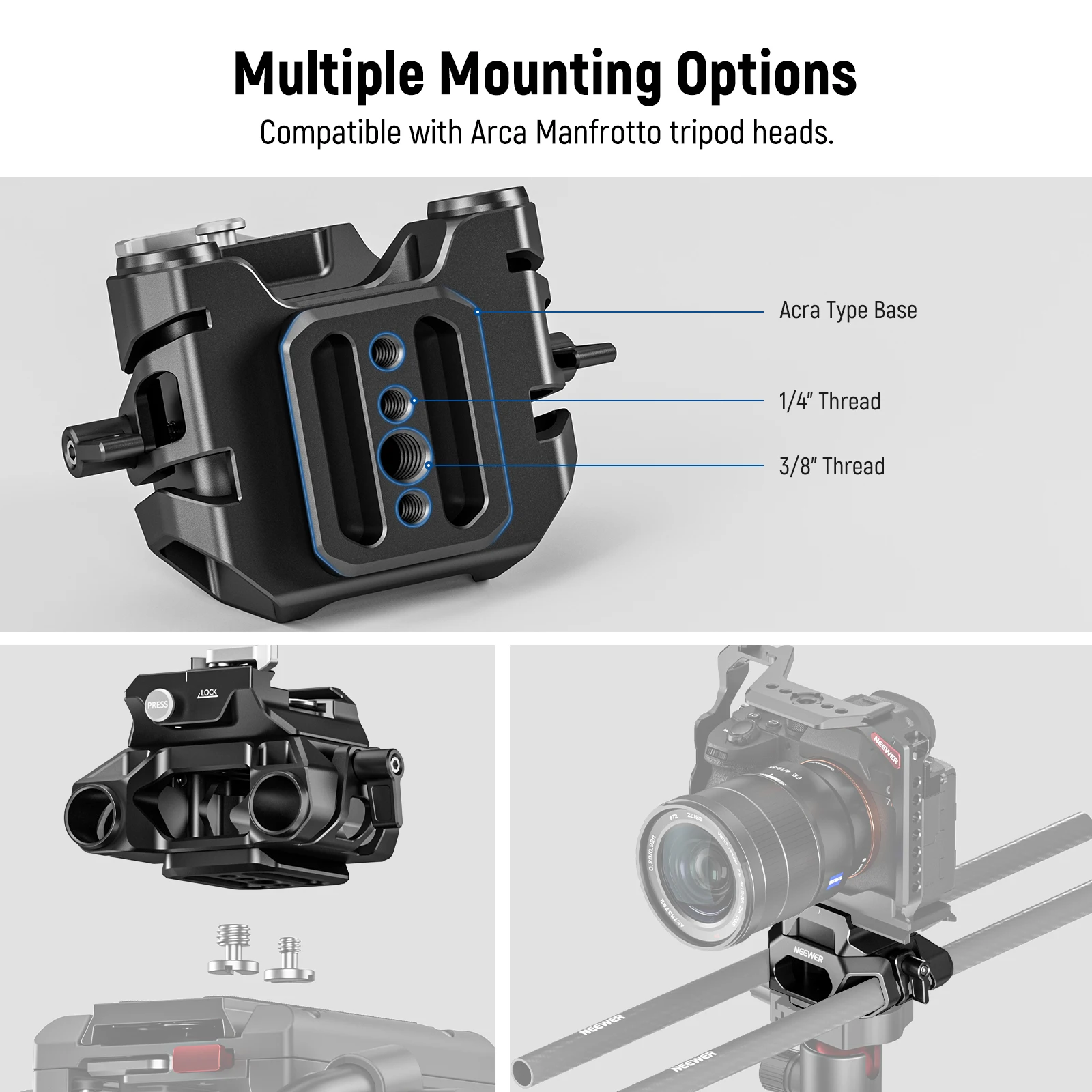 NEEWER 15mm LWS Baseplate with Arca Type QR Plate & Base, Dual 15mm Rod Clamps, Retractable Anti Off Pin, 1/4\