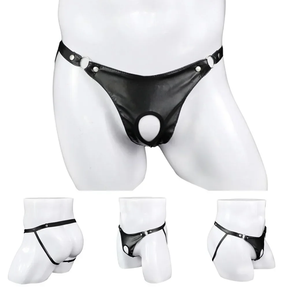 Sexy Men‘s Artificial Leather Metal Ring Thongs Jock Strap Underpants Underwear Pump Man Brazilian Thong Panties