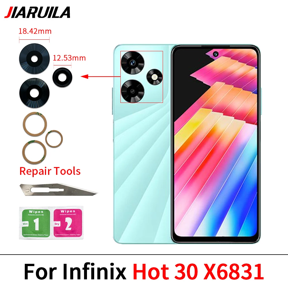 60 uds, cristal de lente de cámara trasera para Infinix Hot 20 20S Play 30 5G 30i X669 40 Pro cubierta de cámara trasera con pegamento adhesivo de repuesto