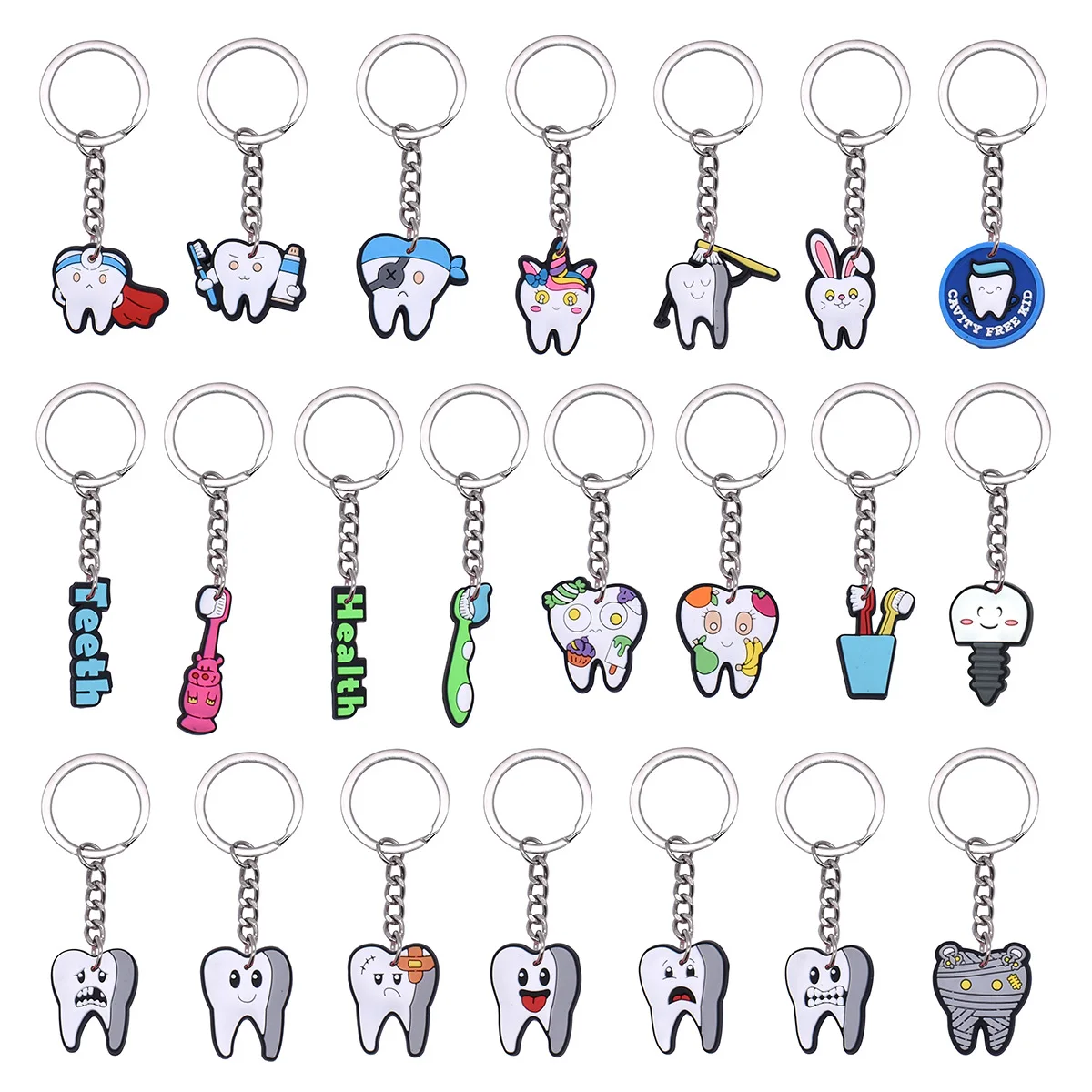 100pcs Dental Tooth Shape Model Simulation Keychain Fashion Keyring Cartoon Lovely Girls Kids Gift Pendant Teeth Key Chain
