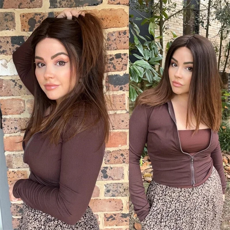 Chocolate Brown Wigs Female Ombre Natural Straight Synthetic Wigs For Women Trendy Fashion Lace Top Wigs On Clearance Sale Daily