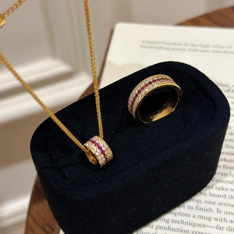 S925 silver light luxury flashing rose red corundum pendant necklace high sense three rows diamond red treasure ring women