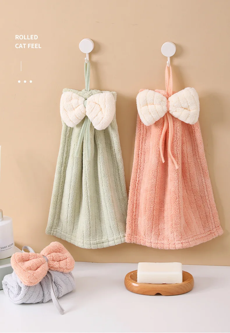 

Hand Towel Hanging Style Cute Bow, Water Absorbing Hand Towel, Coral Velvet Bathroom Kitchen Hand Towel Non Shedding Hair