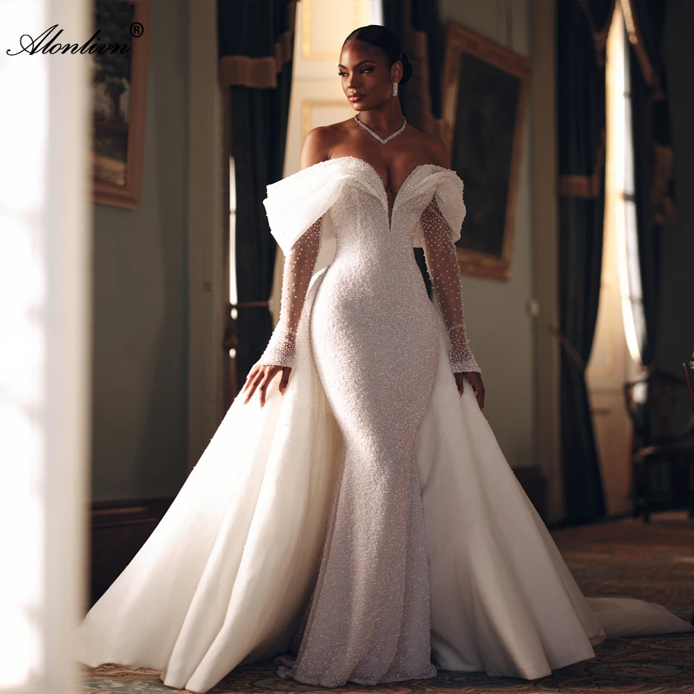 

Alonlivn Свадебные платья русалки с блестящим бисером и жемчугом на заказ, с открытыми плечами и рукавами со съемным шлейфом 2 в 1, платья невесты