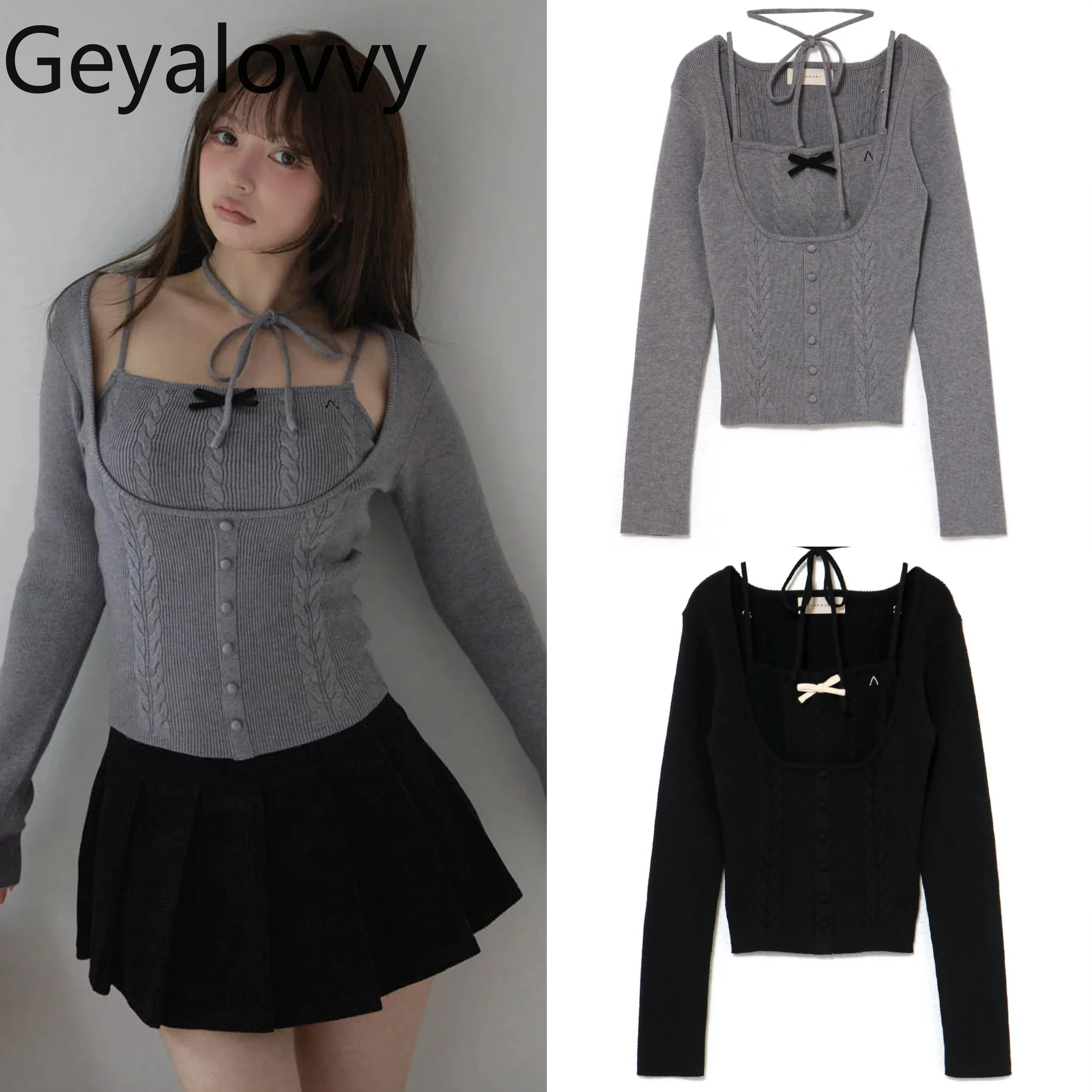 

Pullover Sweater Top Japanese Style Elegant Slim Women's Sweaters Autumn Winter Knitted Short Top Two-Piece Set for Women