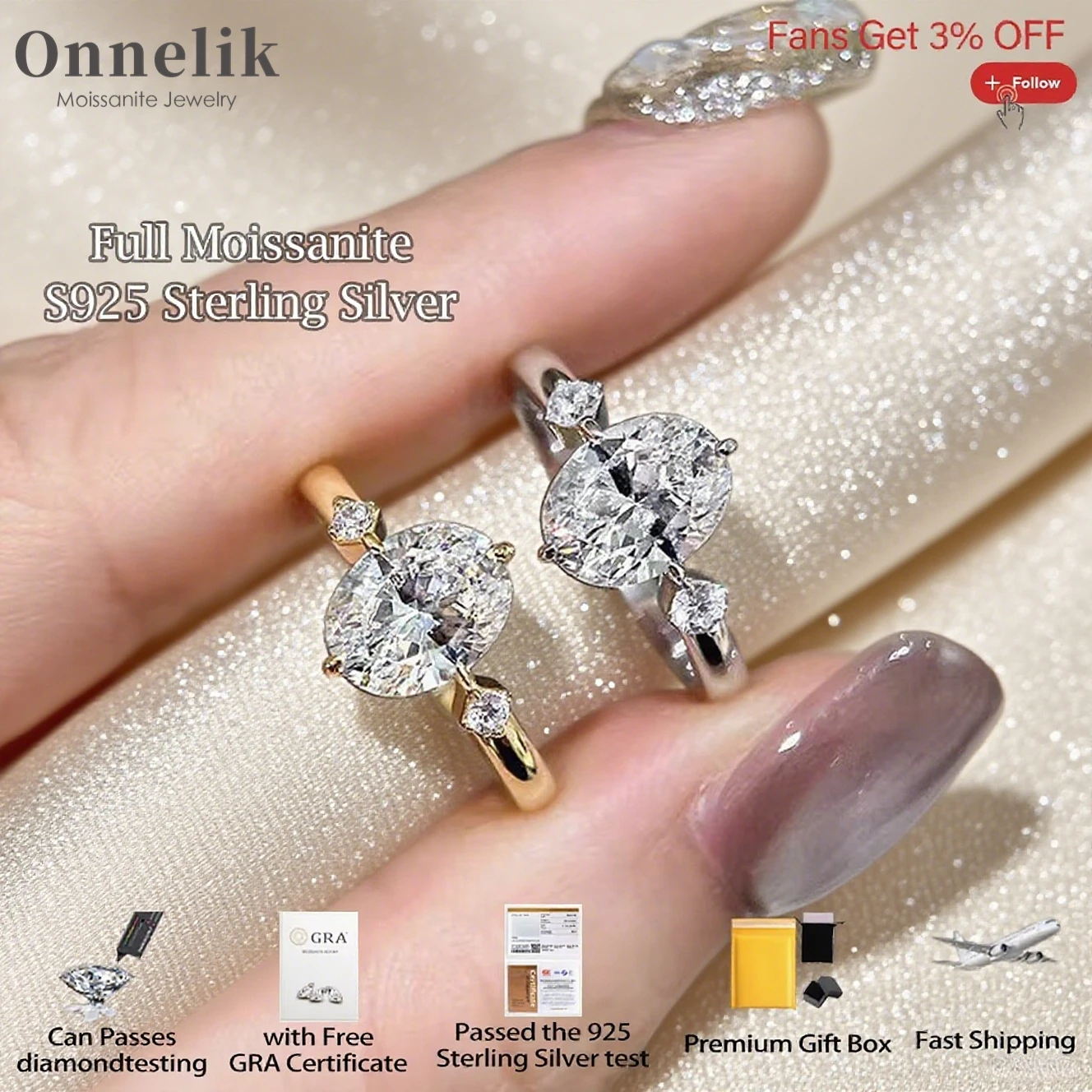 

Onnelik 100% 925 Sterling Silver 2CT D Color Oval Moissanite Diamond with GRA Ring for Woman Wedding Engagement Fine Jewelry