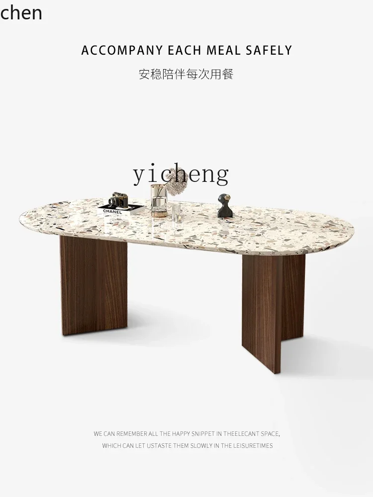 

b7- French retro terrazzo dining table light luxury Italian oval cream style table