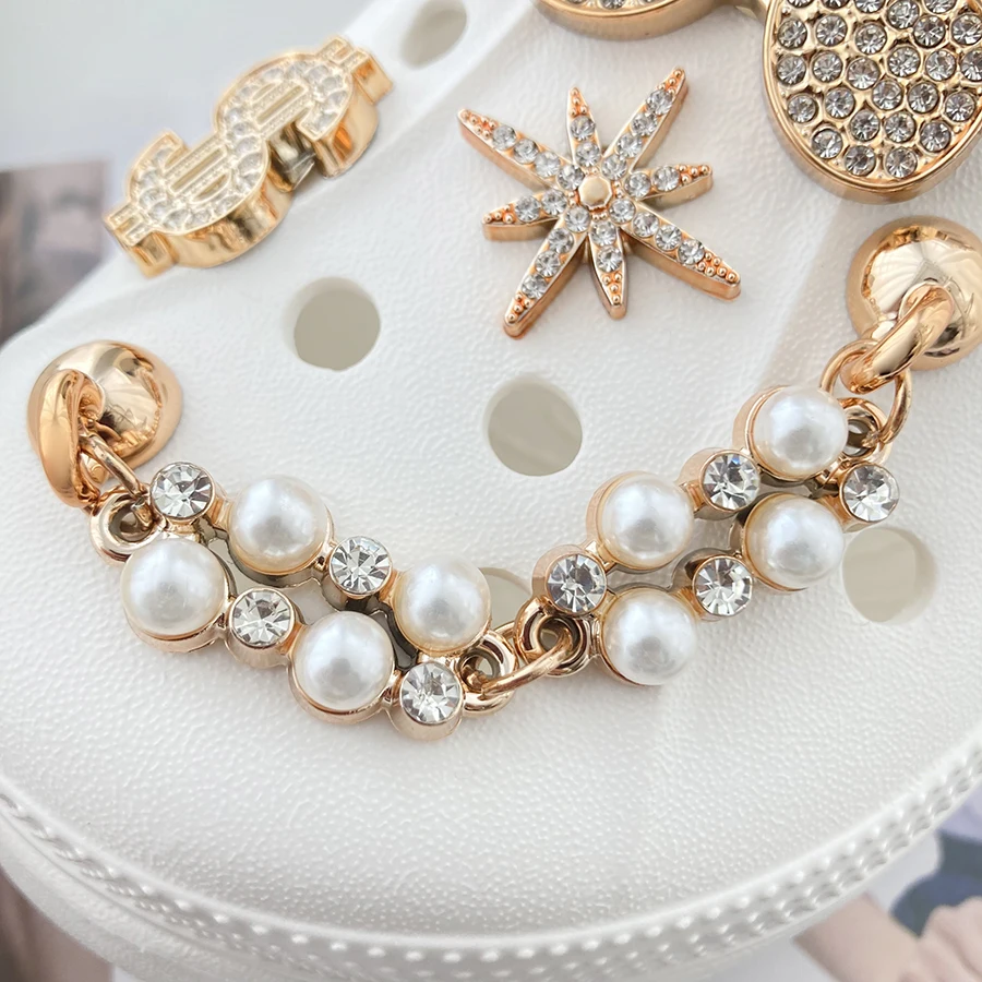 1 set Golden Fashion Shoe Charms Decoration Set for Crocs Rhinestone Pearl Chain Clogs Pins Gift For Women Girls