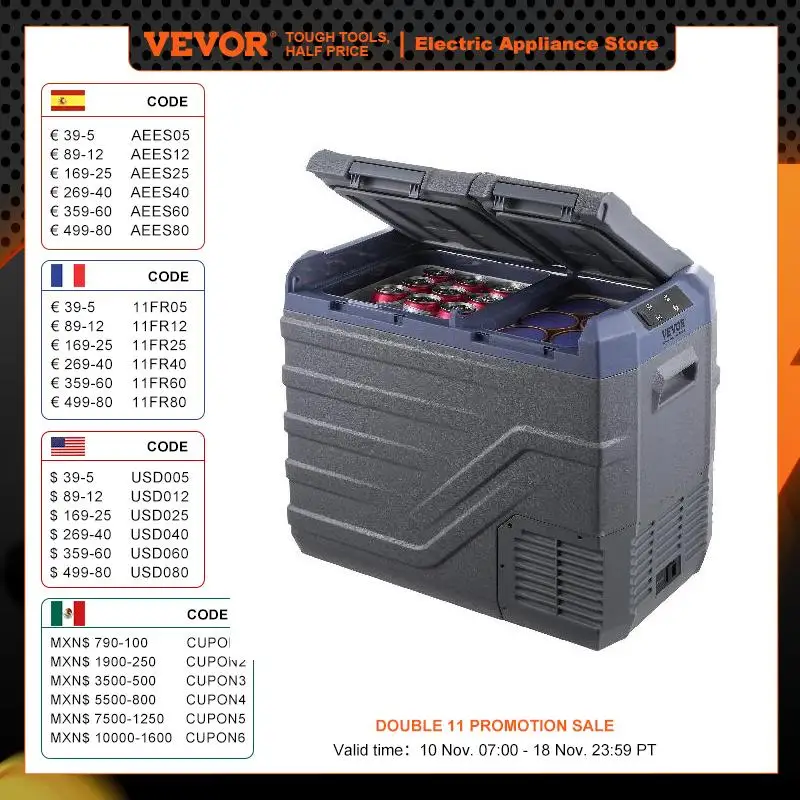 VEVOR 차량용 냉장고, 듀얼 존 휴대용 냉동고, 범위 조절 가능, 12 V, 24V DC 및 압축기 냉동고